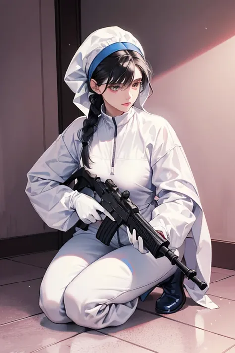 A mature woman with black hair tied up, wearing large pink rubber gloves, a white cloth wrapped around her head, blue long-sleeved jumpsuits, white rubber boots, and holding a submachine gun in the bathroom