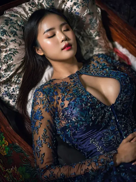 In a striking 8K HDR scene, a stunning Korean woman, 22 years old, lies peacefully in a black coffin surrounded by plush pillows. The deep box is set against a rich black background, accentuating the beauty of the subject. Her exquisite deep-V neckline keb...