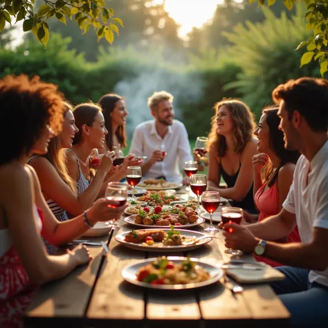 BBQ Young adult cookout. Real image Group of youth catching fun and happy mood.  Holding wine glass, games, love