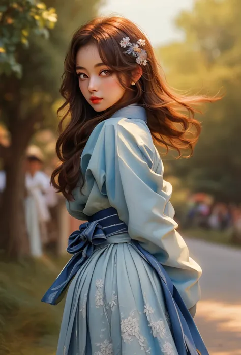 (masterpiece, best quality, very detailed: 1.6), illustration, (Single, 1 girl, beautiful and delicate eyes: 1.2), Wearing Hanbok_Laura:1.2, Butt up pose, cute, Outdoor nature blurry background, ultra high definition,