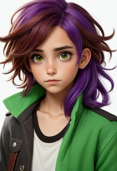 I want you to generate an image of a boy with half green half purple hair and a girl with brown hair and brown eyes