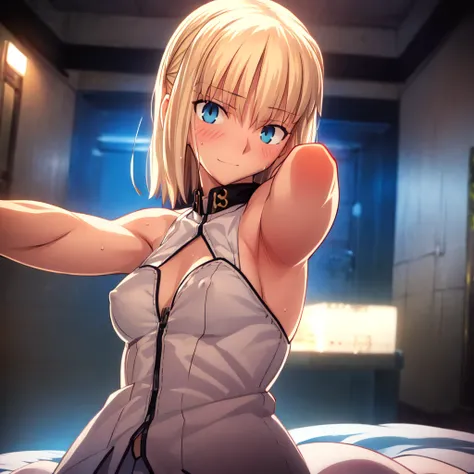 High resolution, 最high resolution,high resolution,{Things to know_f de stay night ufotable:1.15}, Rubio_ Best Quality, masterpiece, フルnude,Sweatだく,Blushing,smile,Armpitアップ,Sweat,Armpitを広げて見せている,bed,Moist,Blonde,whole body,pubic hairあり,Love juice,Armpit,sid...