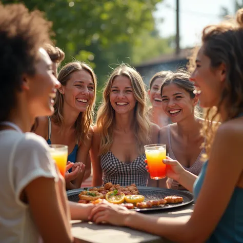 BBQ Young adult cookout. Real image Group of youth catching fun and happy mood. 