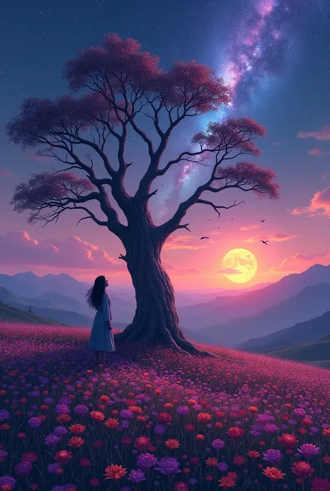 Wide-ranging landscape photos，（Looking from the bottom up，Above is the sky，The following are the open areas），girl standing in the flower field looking up，（Full moon：1.2），（meteor：0.9），（nebula：1.3），Mountains in the distance, Art made from broken trees，（Warm ...