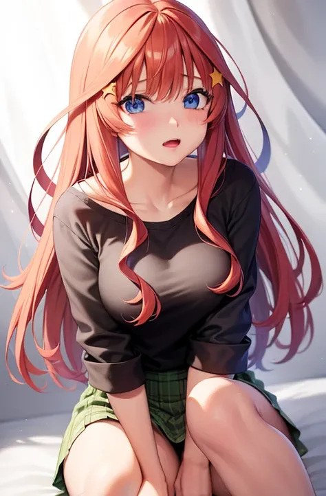 （Red Hairとblue eyesをしたAnime Girls）, Red Hair、blue eyes、Loose mid-cut T-shirt,I can see my belly button、Down着無し, The shirt has less fabric showing on the shoulders, Down , (Micro Mini Skirt:1.2),魅力的なAnime Girls, Anime Girls con pelo largo, 美しいAnime Girls, か...