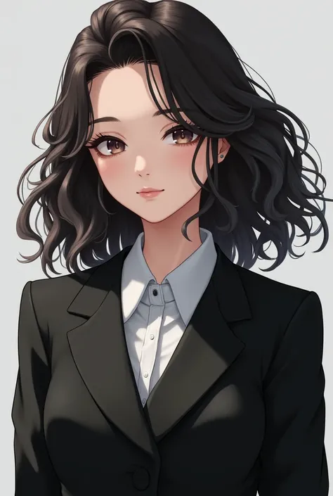 ((High quality)）,（High level）, (Details）, A girl，hair，Big wavy hairstyle，North Americans，Black suit。Wear a white shirt underneath，Medium close-up，