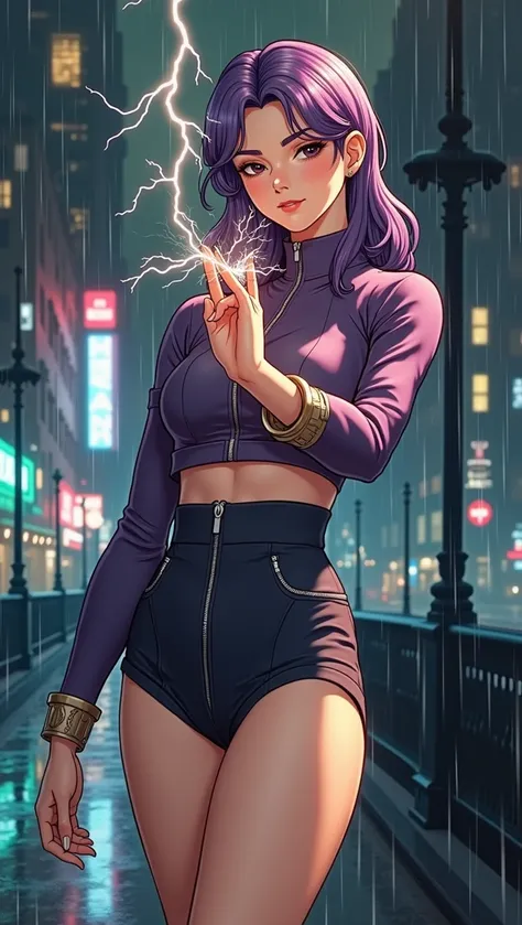 (at night), alone, in a video game scene a background of a beautiful city during the day raining, standing at attention, purple hair, lightning behind her, lightning coming out of her hand ((purple hair)), 1 girl, alone, 20 years old, young woman, perfect ...