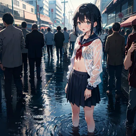 1 girl, solo, small breasts, school uniform, squeezing clothes, 7 years old, young, child, standing, wet clothes, wet hair, wet skirt, panoramic shot, looking away, confusion, crowd, open mouth, street, navel, (detailed droopy gray eyes: 1.1),
Very aesthet...