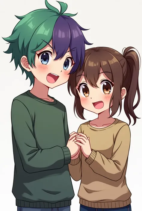 I want you to generate an image of a boy with half green half purple hair and a girl with brown hair and brown eyes cartoon style