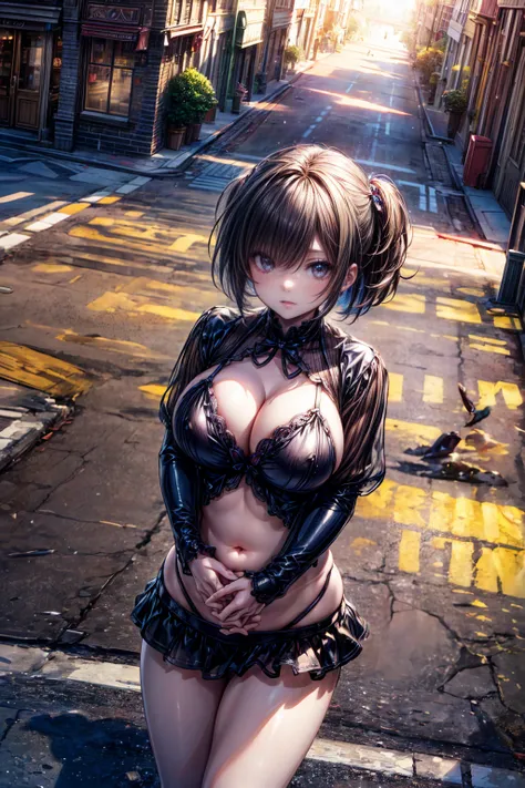 ((masterpiece)), ((Highest quality)), ((High resolution)), ((Highly detailed CG Unity 8k wallpaper)), alone、Main Street、building、car、Summer cafe terrace、high school girl、Patent leather bikini、See-through、belly button、Nipple swelling、Underbust、hair、Straight...