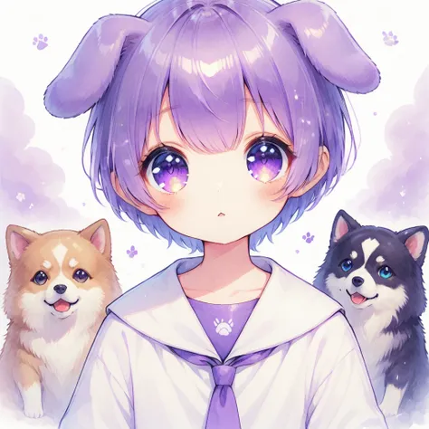 purple hair,purple eyes,dog ears,mash,boy