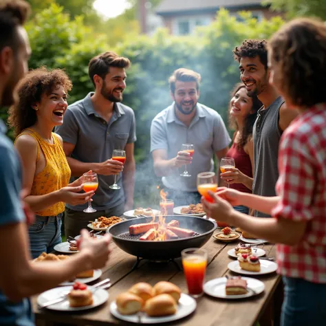 BBQ grill Young adult cookout. Real image Group of youth catching fun and happy mood.  Cakes, bread, wine