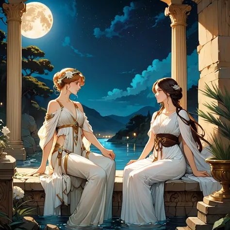 (Highest quality、High resolution、masterpiece)、4K Anime Art、(two women are sitting on a rock in the river、Facing each other、whole body、18-year-old)、(ancient greek scene) 、(Detailed depiction of a beautiful face)、Put your hair up、Captivating smile、(Ancient G...