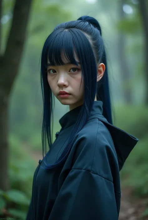 gerar imagem live action dark fantasy,hinata hyuga vida real 
 live action,Actress Aoi Miyazaki,konoha,Roundabout by Hinata Hyuga,blue black hair,Bandana de Konoha,real life rose quartz eye color 