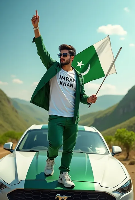 Create an Real image featuring a young man
sitting on the hood of a white and green car,with Pakistan’s scenic background. He’s holding a flag celebrating Pakistan’s 14th August. The boy wears a white T-shirt with ‘IMRAN KHAN ’ printed on it, a green jacke...