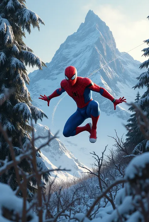 Spiderman falling from a snowy mountain with several thorns in the forest 
