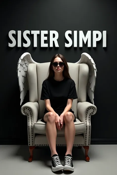 Create 3D illusion picture where a girl in a black shirt sites casually on a wing back chair. Wearing sneakers, and sunglasses, looks ahead. The background features "Sister simpi" in big and capital white font on the black wall. There should not be his sha...