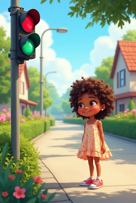 Draw Danae a 7 year old girl with curly brown hair and for example , You should always stop at red lights and wait for them to turn green before crossing the street. 