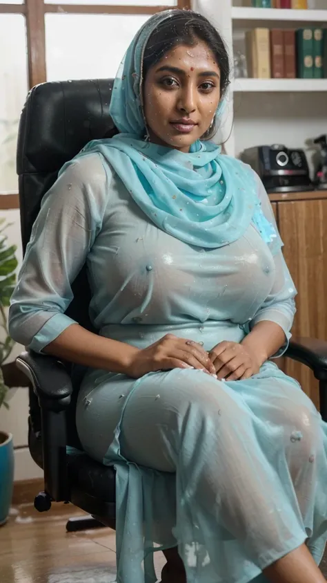 Day scene, full body photo of a plus sized 45 year old indian with a man from top view, (Masterpiece, Best Quality, High Resolution), office Background, (cum Splash on her breasts and nipples, cum Splash on her face, Splash of cum, cum Splash on her blouse...