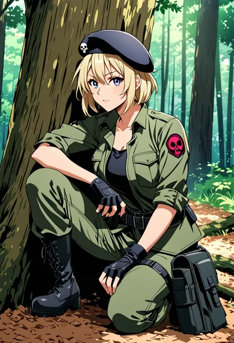 anime style, highest quality, woman about 30 years old, Short tousled hair, in a military jacket with a skull patch on his arm, in military pants, in combat boots, wearing fingerless gloves, In Unloading, belt with pouches, in a beret, sits on one knee by ...