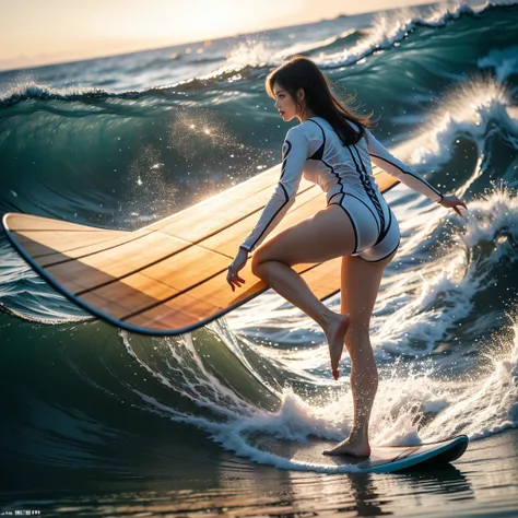 (Luminism:1.28), Back view、(TopQuality 8K Masterpiece:1.2) (ProfessionalPHOTO:1.37) Extremely Detailed (A girl standing on a surfboard riding a wave), (Colorful morning Glory Rays)、(Crouching and balancing on a surfboard.:1.28), (There is Detailed Only one...