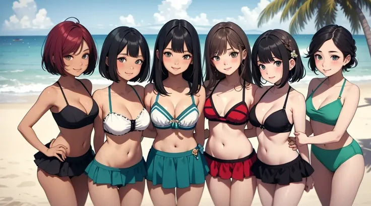 (Highest quality:1.1), (masterpiece:1.2), Five Girls，Swimwear，Are standing，High Quality Shadows, Beautiful details, Beautiful Face, Detailed eyes,Depth of written boundary, High resolution, Best Shadow, Best lighting, daughter, Displaying the viewer, （Five...