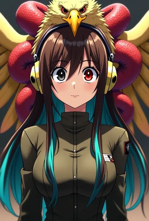 Screenshot Boku no hero academia, adult woman, light brown skin, Long straight brown hair with turquoise tips, with one black eye and the other red, with skull earmuffs, wearing uniform, with a large golden eagle on his shoulder, with a two-headed red snak...