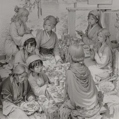 Many people sitting around a table eating and drinking, Jang Seung-op, Line art, By Naka Bokunen, Kim Jung-hee, Faded Painting, Jongsuk Lee, Edna Mann, Jin Kim, Yoon Doo-seo, by Kamisaka Sekka, Shim Sa-jeong, Etching Rendering