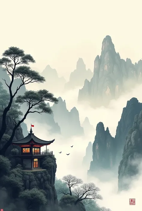 Chinese martial arts styles, The sky is vast, Mountains and cliffs, ink wash style, outline light, atmosphere, Depth of Field, The fog rises, bamboo, pine, stone pavilions, Fall,ink 