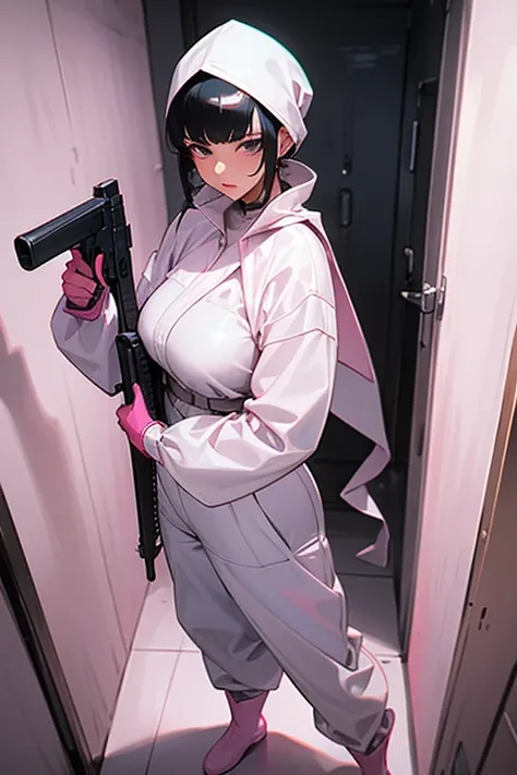 A mature woman with black hair tied up, wearing large pink rubber gloves, a white cloth wrapped around her head, blue long-sleeved jumpsuits, white rubber boots, and holding a submachine gun in the bathroom