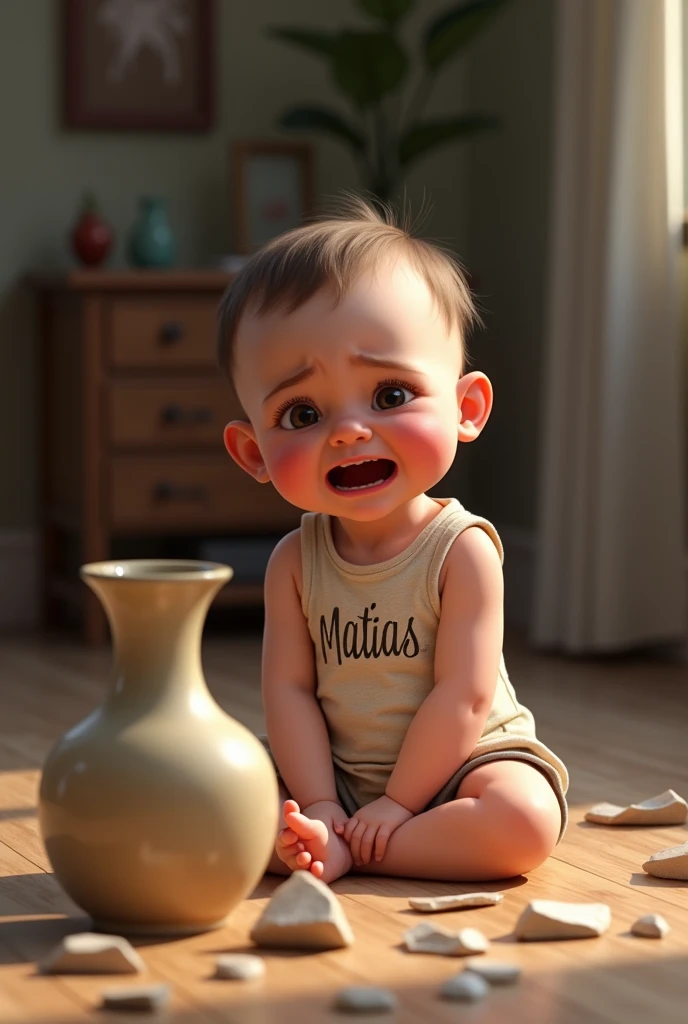 A realistic baby with a sleeveless shirt that says Matías with a broken vase crying