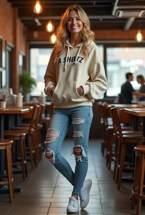 Hot blonde 40 year old woman standing in restaurant wearing hoodie and ripped jeans and white shoes