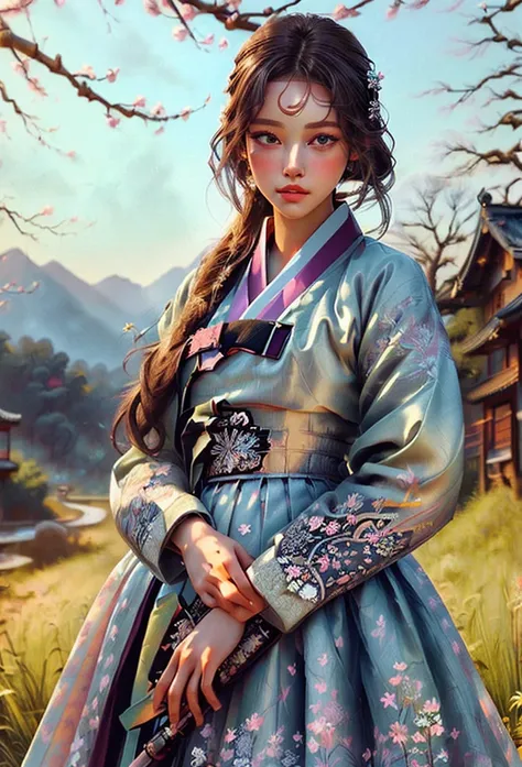 (masterpiece, best quality, very detailed: 1.6), illustration, (Single, 1 girl, beautiful and delicate eyes: 1.2), ( Wearing a pastel-toned hanbok_Laura:1.2, Detailed description ), Close up angle of buttocks, elegance, fascinating, Outdoor nature blurry b...