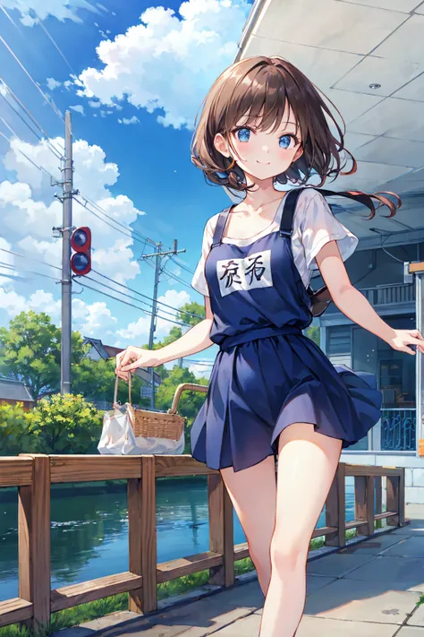 （Cute older sister:1.3）、 smile,Summer atmosphere、Plain T-shirt、Brown Hair、　(Running 1.3)，blue sky，Small breasts，Flat chest，((Highest quality)), (Very detailed), (High-definition CG synthesis 8k wallpaper), 高いly detailed,  高い-definition raw colbor photos, P...