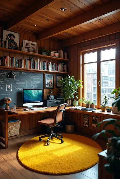 I want a room with movie posters on the walls, a yellow rug in the middle of the room and on the wall a table with a computer and a chair on the floor, movie and comic book posters and magazines, the walls have to be made of wood as well. that the floor wi...