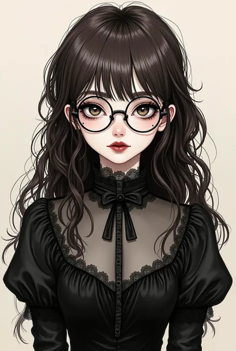 Create a girl with long brown full curly hair, bangss, wear round glasses. pale white, has small, slanted eyes with very striking eyeliner and a wine-red mouth. She wears Gothic clothes. I want it in an ink drawing style. She has a sad expression. I want h...