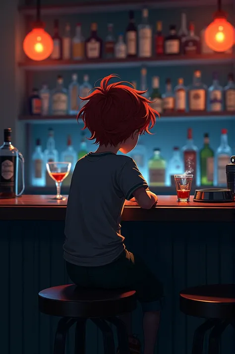 Red haired boy at a bar counter 