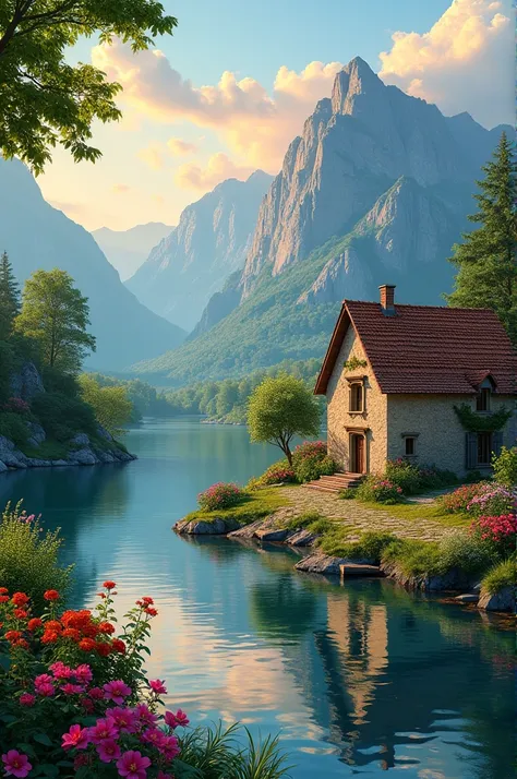 A small village by the river, Mountains in the background, Colorful flowers, Detailed landscape, Beautiful natural scenery, Atmospheric lighting, Blazing sunset, Warm colors, Practical, photoPractical, detailed foliage, Complex buildings, Cobblestone Stree...