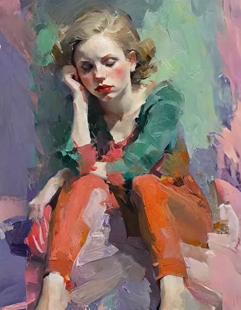 Create a portrait of a young woman in a semi-reclining pose with a pensive expression. Use a painterly style inspired by Malcolm Liepke, characterized by expressive brushstrokes and rich texture. Employ a color palette of muted greens, soft pinks, deep pur...