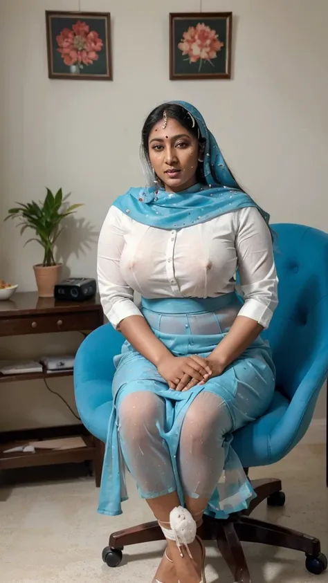 Day scene, full body photo of a plus sized 45 year old indian with a man from top view, (Masterpiece, Best Quality, High Resolution), office Background, (cum Splash on her breasts and nipples, cum Splash on her face, Splash of cum, cum Splash on her blouse...