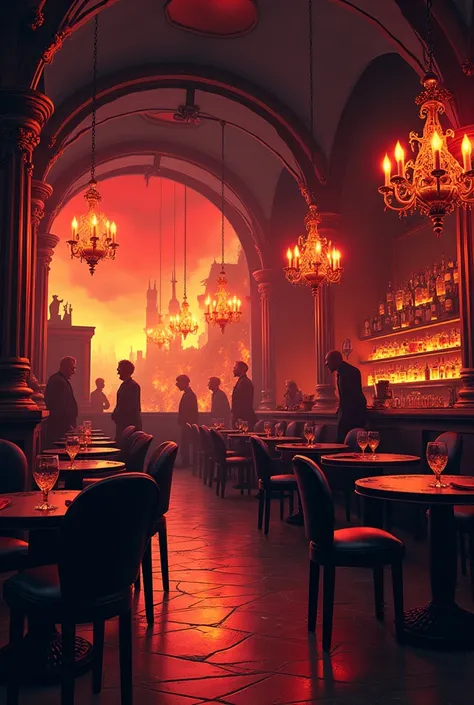 Infernal café interior, with chairs, tables and a bar coctel bar, animated 