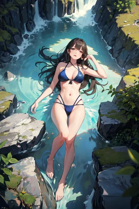 (masterpiece, Best Quality, High resolution), 1 girl, swimsuit, in the stomach, lying, looking at the viewer, landscape trees , waterfall and mountain stones,((view from above))
