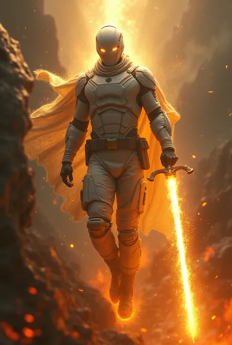 Modern United States Soldier with a bright white mask that has golden dust around it and has lightning eyes carryng a flaming sword coming from heaven with a divine golden rope attached to him diving into hell