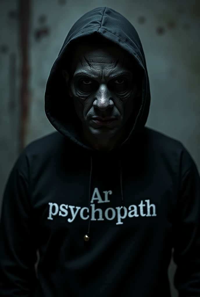 Make me a picture of a man wearing a hacker mask.wearing a black shirt with the words Ar psychopath written on it 