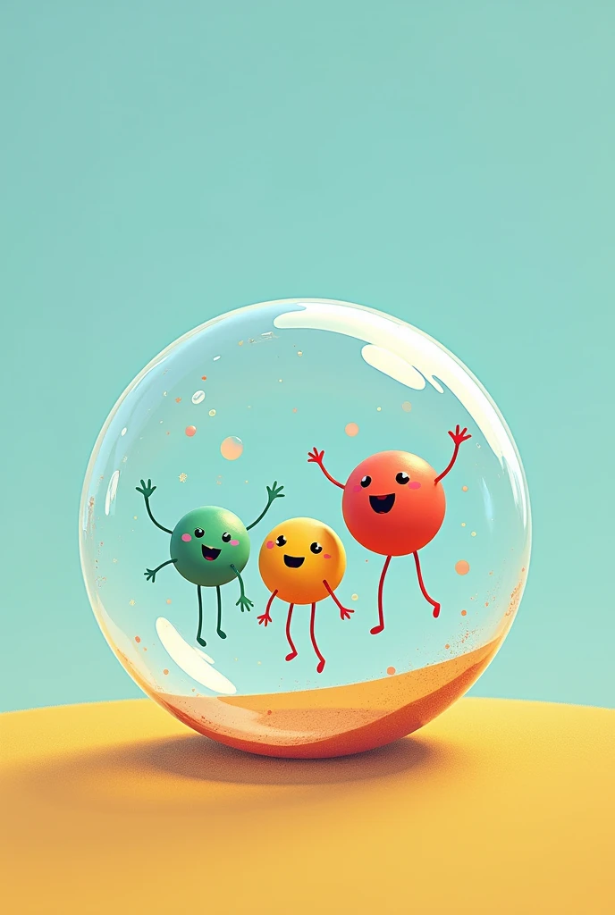 3 round molecules with arms and legs inside a bubble trying to get out of the bubble. 