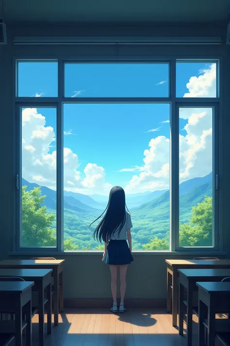 An anime empy classroom with an anime girl with long black hair and uniform looking through a big window without glass seeing though it an beautiful afternoon