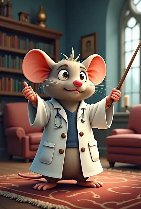 A cartoonish chubby, cute rat that looks like Harry Potter holding a magic wand and throwing a spell, but is wearing doctor’s white coat. Make the background the common living rooms inside Hogwarts Castle.