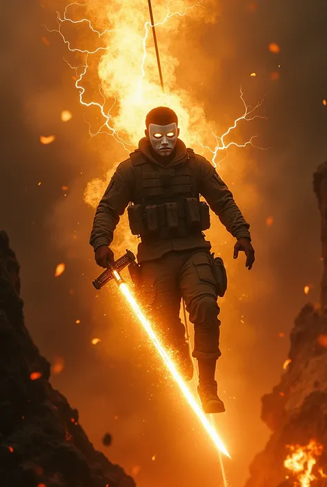 Modern United States Soldier with a bright white mask with sad features that has golden dust around it and has lightning eyes carryng a flaming sword coming from heaven with a divine golden rope attached to him diving into hell