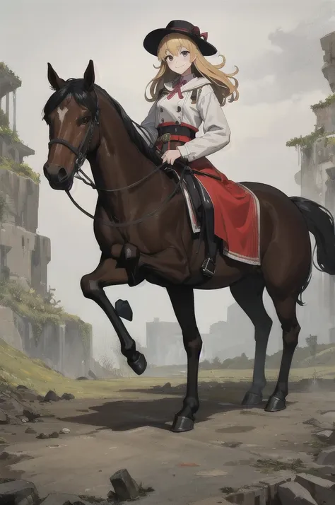 (masterpiece, highest quality:1.2), alone, one girl, big horse, smile, view your viewers, hat adjustment, have, horse&#39;s ears...