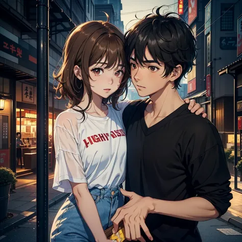 (Masterpiece), High Quality, (a boy and a girl boyfriends:1.5), Young Lovers, 3D Animated Anime Type Manga, Light Brown Curly Hair Girl from Brazilian Generation with Slightly Pulled Eye, Brown-Skinned Boy with Annulled Light Black Hair and Brown Eyes, (Go...